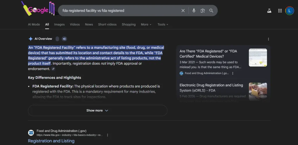 Manufacturing Claims and FDA Registration
